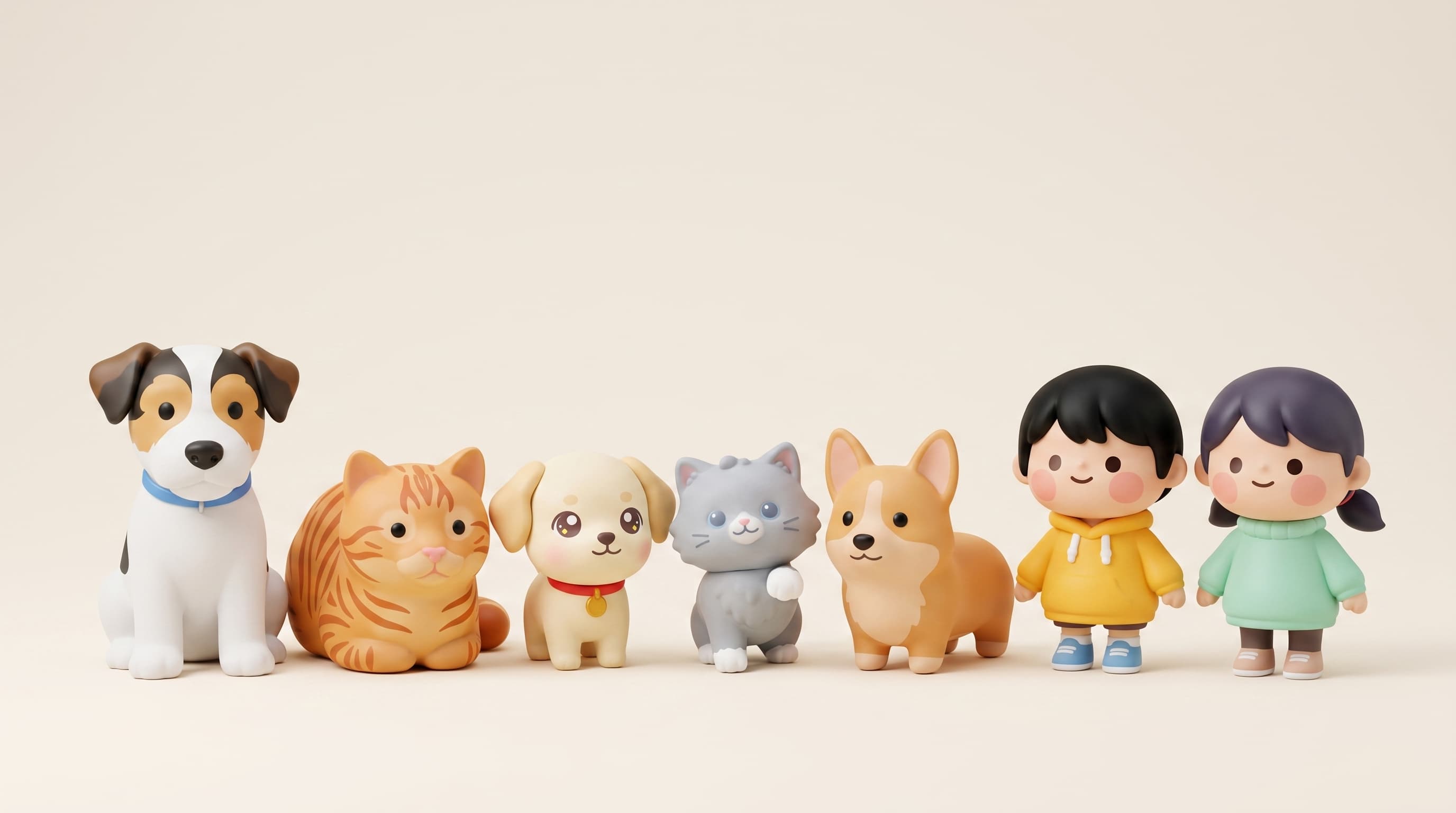 Seven keepsie figurines: dogs, cats and people standing together